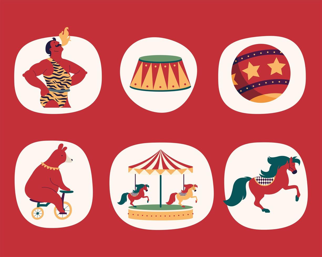 zes pictogrammen voor circusvoorstellingen vector