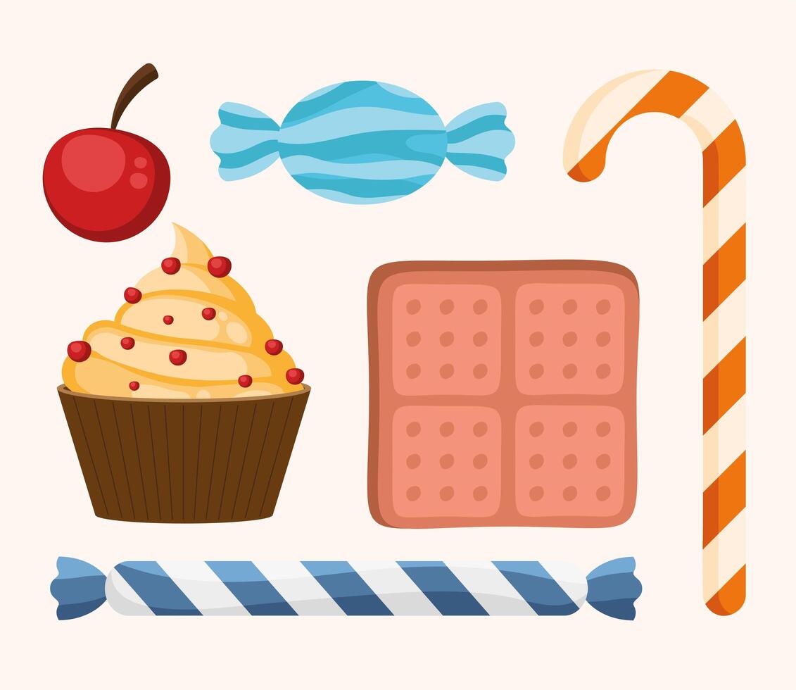 zes cupcake gebak iconen vector