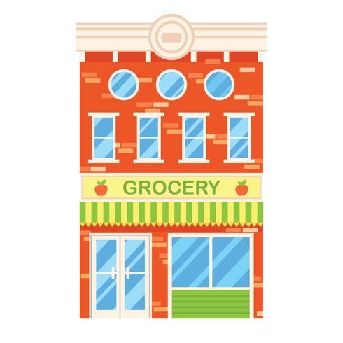 Vectorillustratie van retro gebouw met supermarkt. Gevel van een retro huis in vlakke stijl. Drie verdiepingen tellende dorpsgebouw met kruidenier. vector