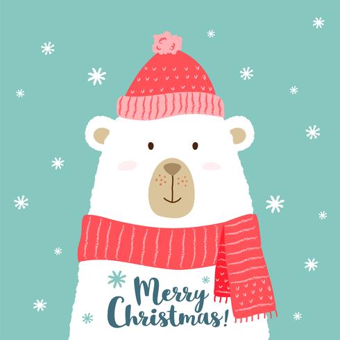 Vector illustratie van schattige cartoon beer in warme muts en sjaal met de hand geschreven zin - Merry Christmas - voor borden, t-shirt prints, wenskaarten.
