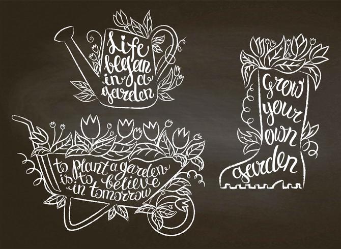 Verzameling van krijt contour tuinieren borden met inspirerende citaten op blackboard. Tuinieren typografie posters set. vector