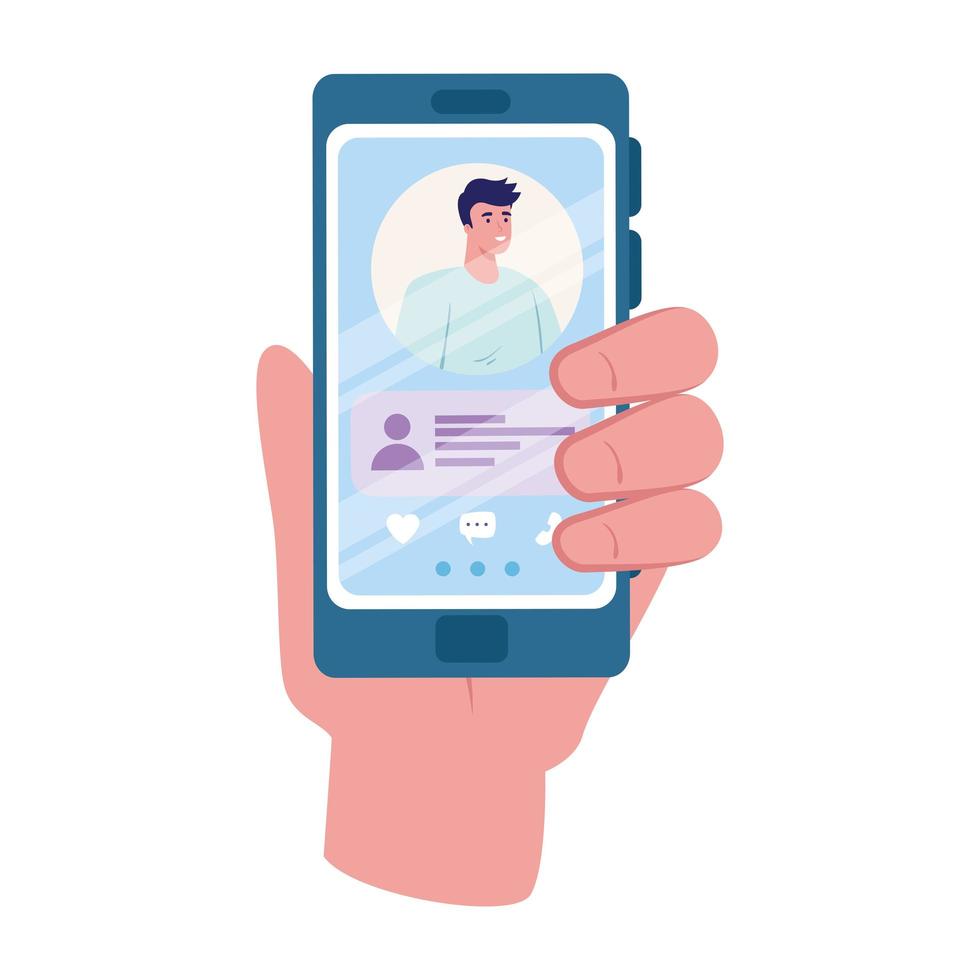 hand met smartphone met man en chatten bubble vector design