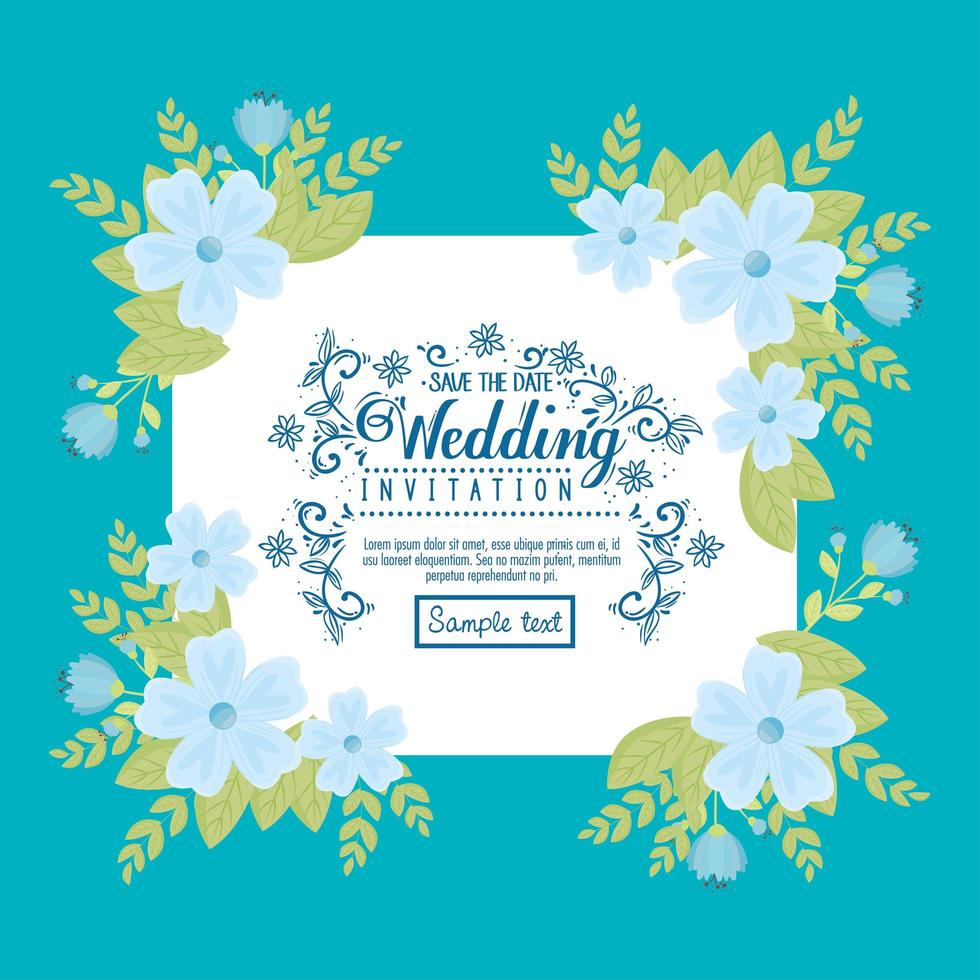 huwelijksuitnodiging met blauwe bloemen en bladeren vector design