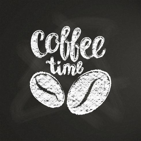 Krijt getextureerde letters Koffie tijd met koffiebonen en op zwarte bord. Handgeschreven citaat voor drank en drank menu of café thema, poster, t-shirt afdrukken, logo. vector