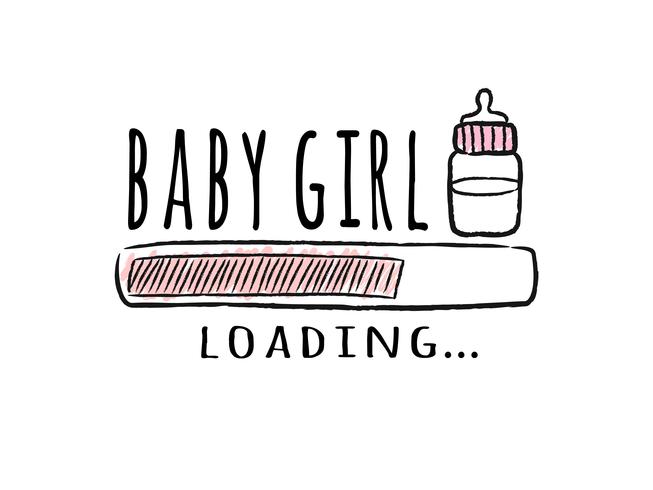 Voortgangsbalk met inscriptie - Baby Girl Loading en melkfles in schetsmatige stijl. Vector illustratie voor t-shirt design, poster, kaart, baby shower decoratie.