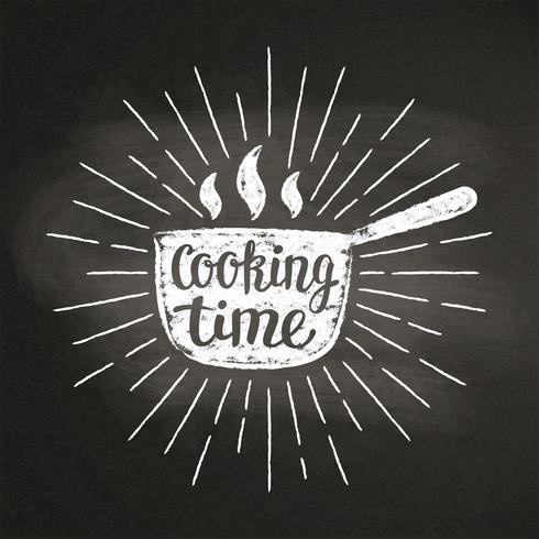 Hete pot krijt silhoutte met zonnestralen en belettering - kooktijd - op blackboard. Goed voor het koken van logotypes, bades of posters. vector