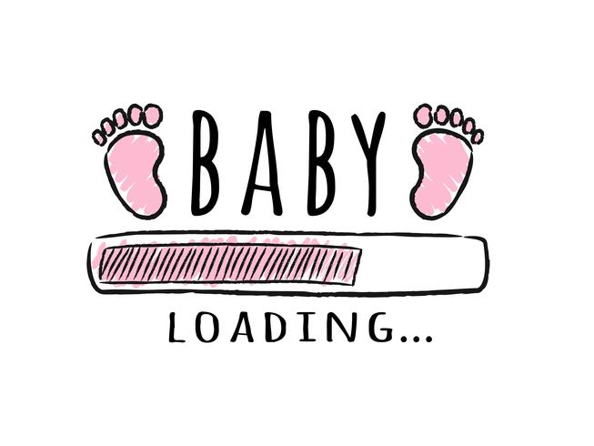 Voortgangsbalk met inscriptie - laden van baby&#39;s en voetafdrukken van kinderen in schetsmatige stijl. Vector illustratie voor t-shirt design, poster, kaart, baby shower decoratie.