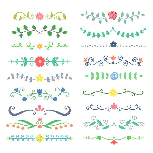 De inzameling van hand getrokken gekleurd bloeit tekstverdelers. Doodle botanische boders voor typografieontwerp, uitnodigingen, wenskaarten. Kalligrafische en bloemenontwerpelementen. vector