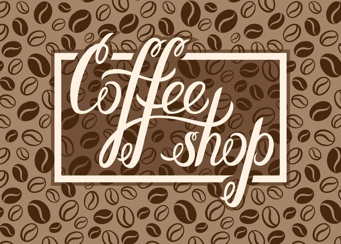 Vectorcoffeeshopembleem op de achtergrond van koffiebonen voor menu, kaarten, etiketten. Restaurant, café, bar, koffiehuis vector logo met hand belettering koffie winkel.