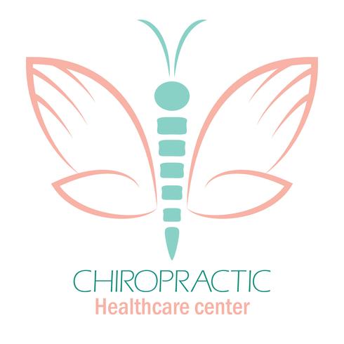 Chiropractie kliniek logo met vlinder, symbool van hand en rug. vector