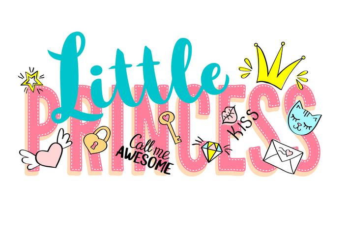 Little Princess belettering met girly doodles en hand getrokken zinnen voor kaart ontwerp, meisje t-shirt afdrukken, posters. Hand getrokken slogan. vector