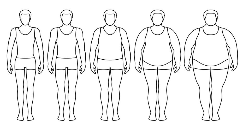 De index vectorillustratie van de lichaamsmassa van te zwaar aan uiterst zwaarlijvig. Mancontouren met verschillende zwaarlijvigheidsgraden. Mannelijk lichaam met ander gewicht. vector