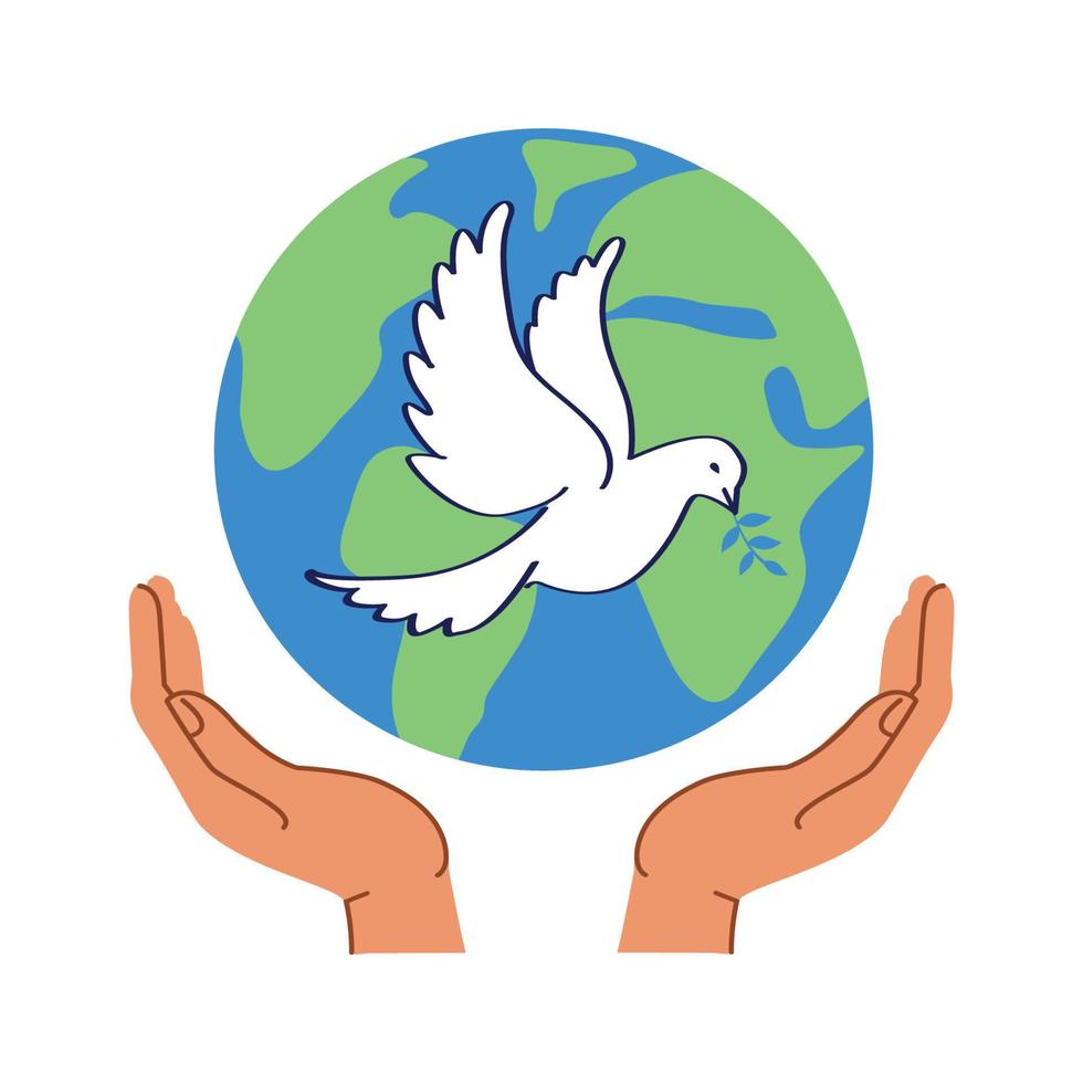 vredesduif - een symbool van vrede op aarde. handen met wereldbol, aarde. vector