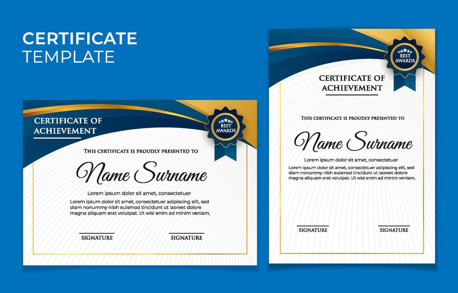 blauwe en gouden certificaten van prestaties voor sjablonen voor seminaruniversiteiten vector