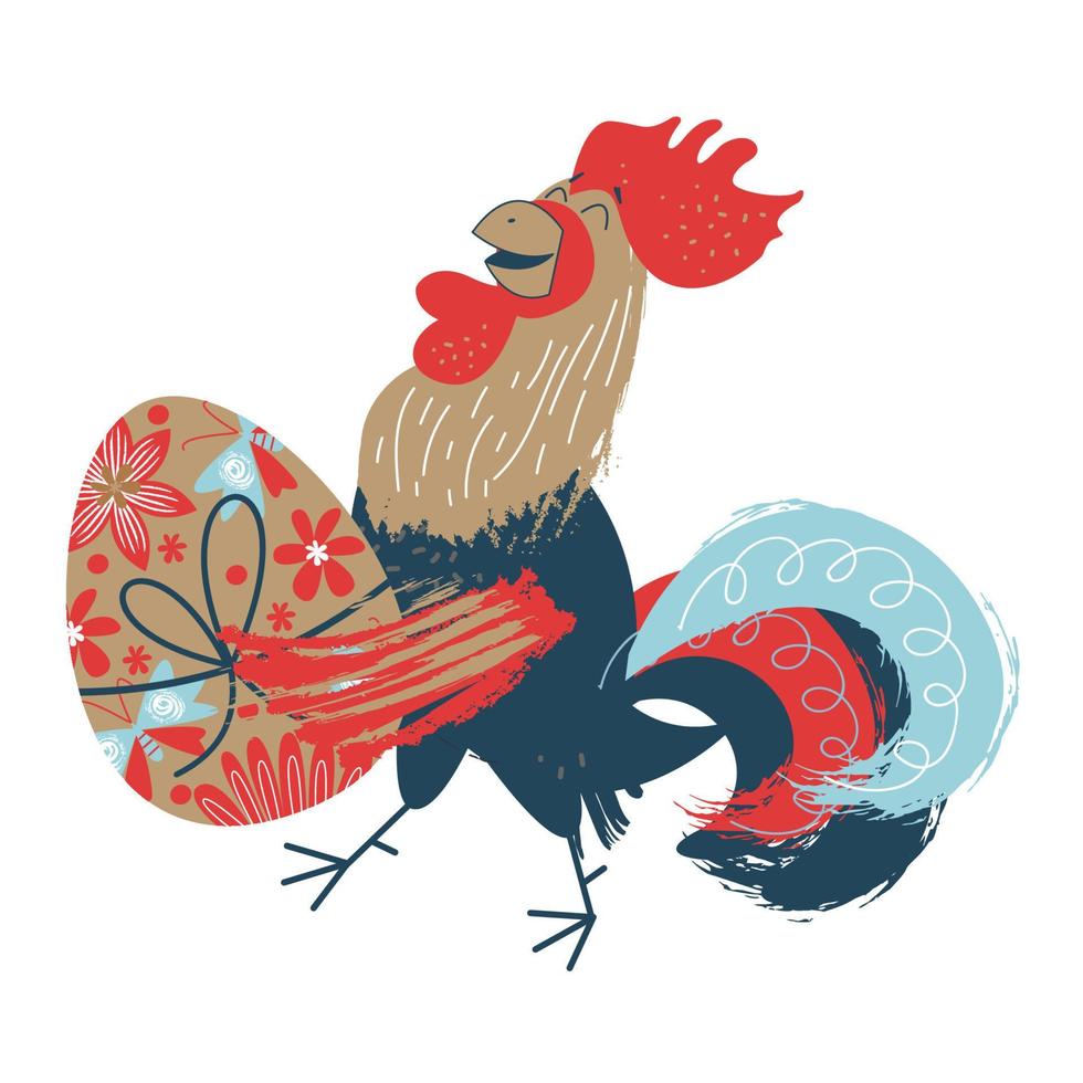 gelukkig Pasen. kleurrijke pasen illustratie gefeliciteerd met pasen. een vrolijke haan met beschilderd paasei. vector