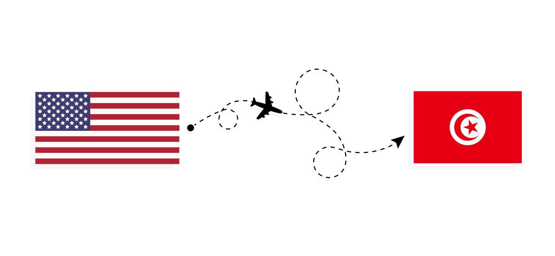 vlucht en reis van de VS naar Tunesië per reisconcept voor passagiersvliegtuigen vector