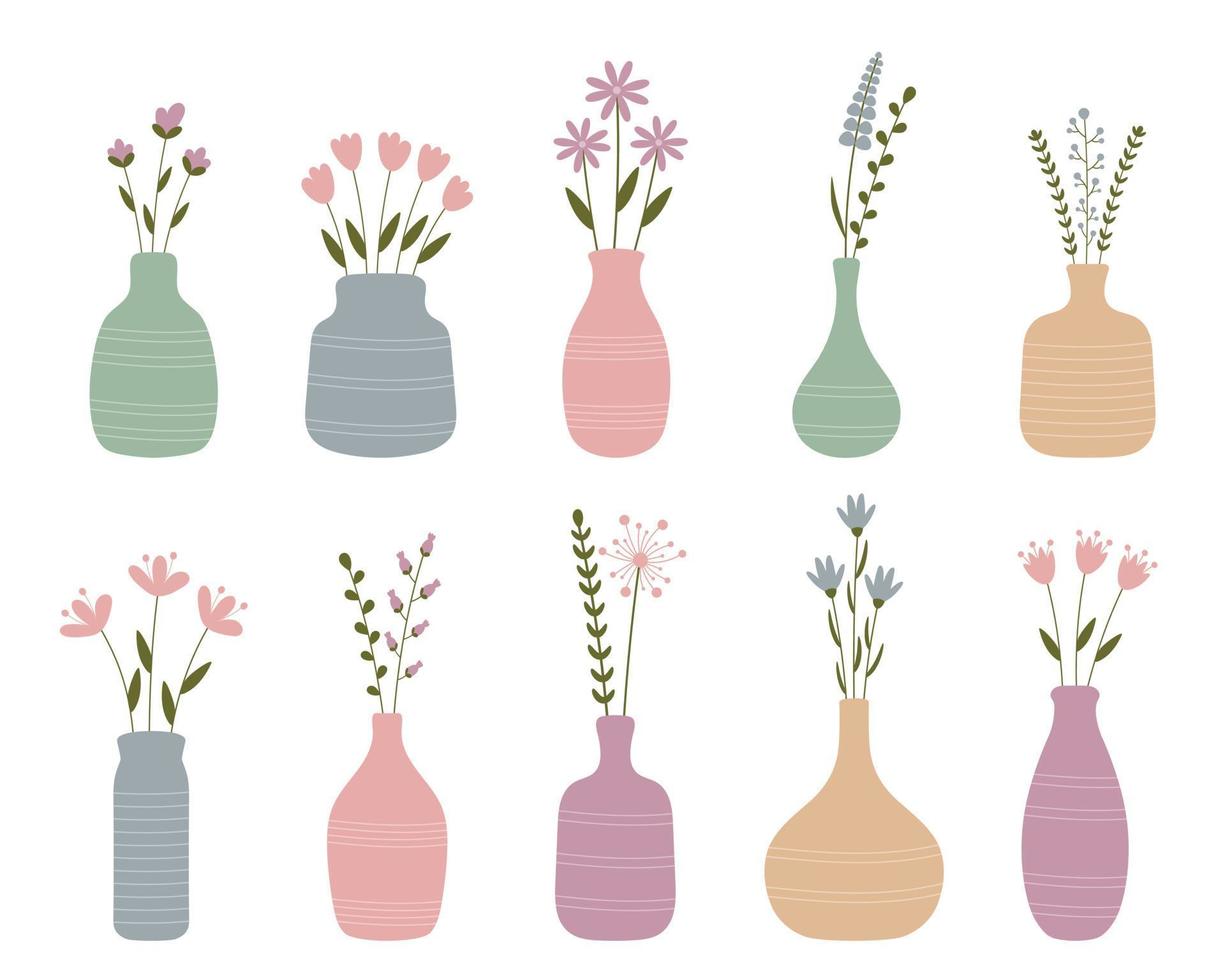 lentetuin bloemen, boeketten in vaas, pot, keramische beker en papier. hand getekend bloemenelement. happy women's day 8 maart collectie. botanische bloemen set boeketten voor trouwkaarten, uitnodiging. vector