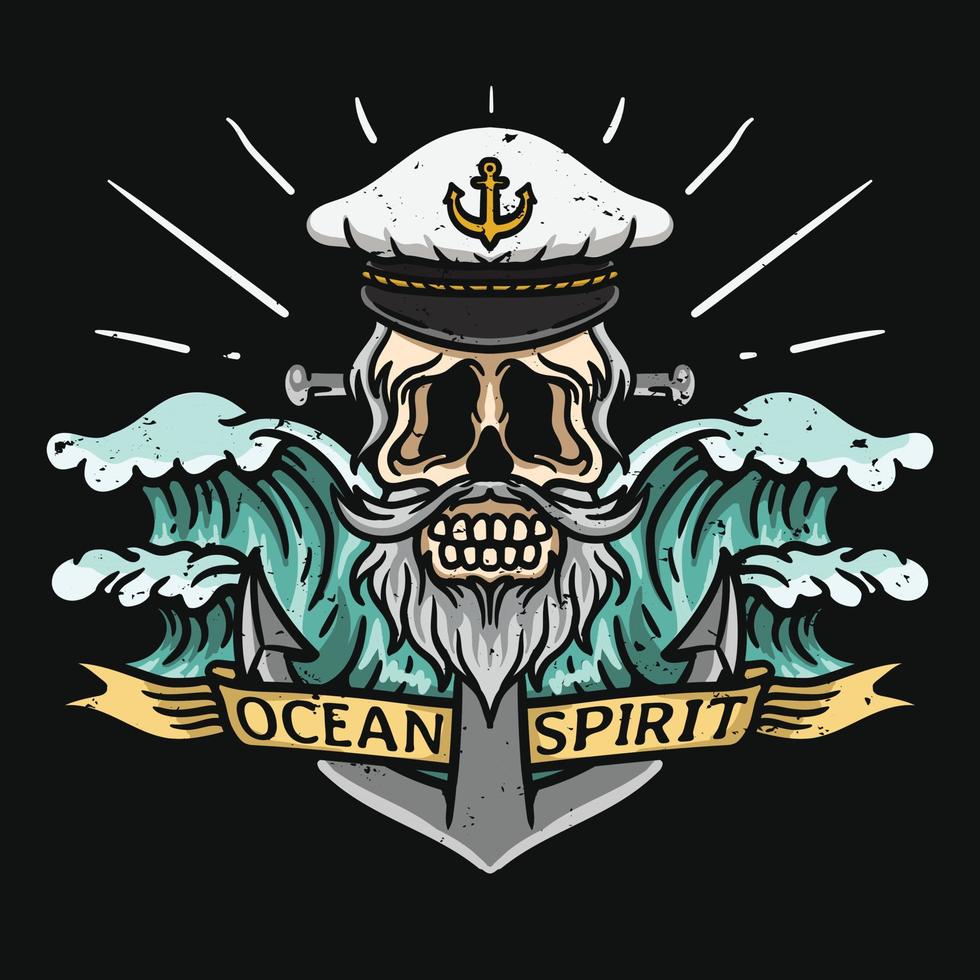 illustratie van de kapitein van de zeemanschedel met golfanker en lint vector