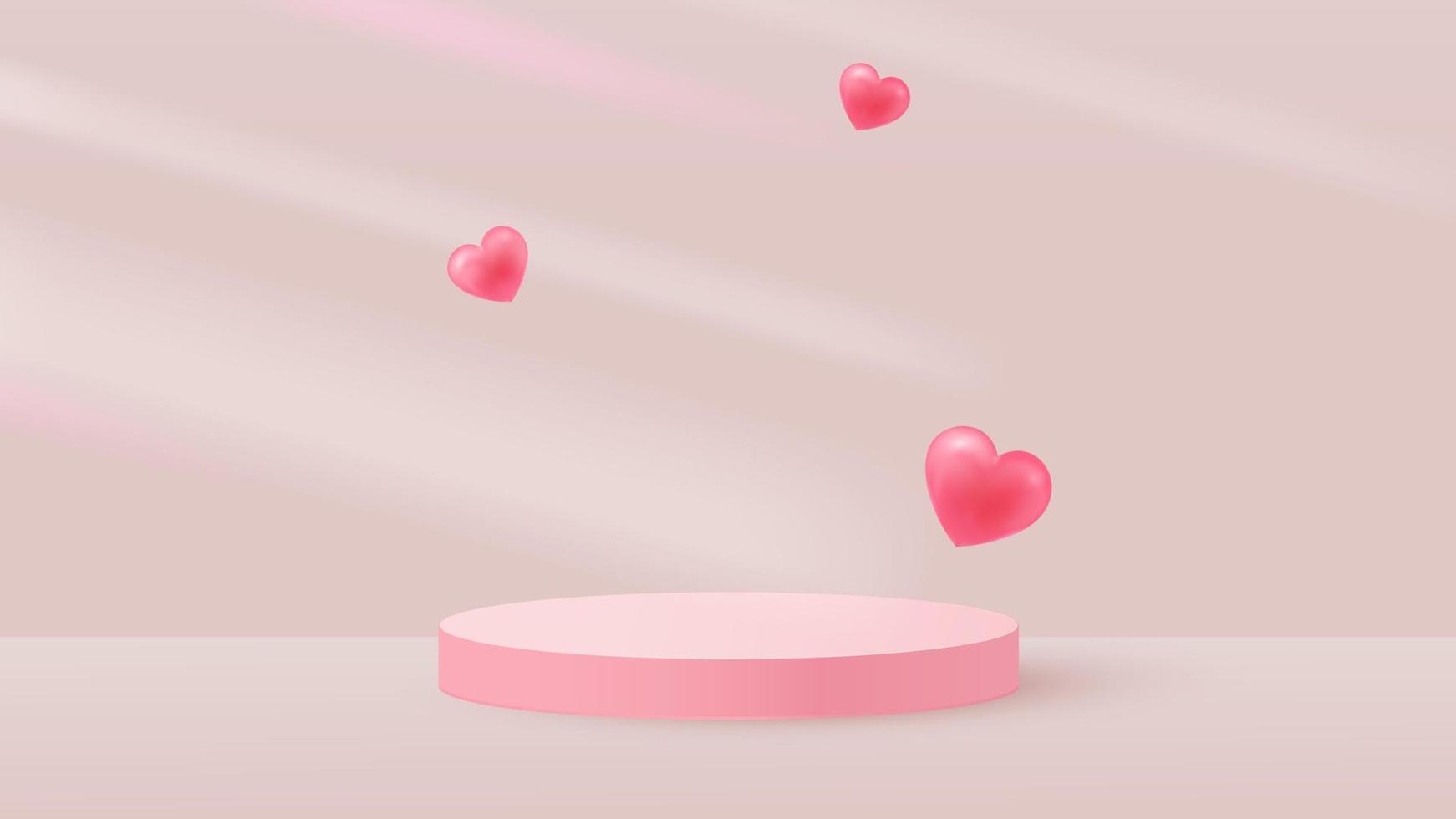 minimalistische scène met roze cilindrisch podium en vliegende harten. vallende schaduwen. scène voor de demonstratie van een cosmetisch product, showcase. vector illustratie