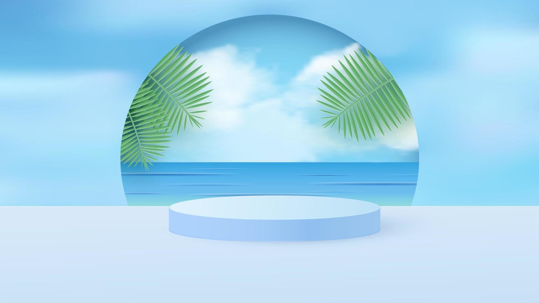een minimale scène met een lichtblauw cilindrisch podium met tropische bladeren tegen de lucht. scène voor de demonstratie van een cosmetisch product, showcase. vector illustratie