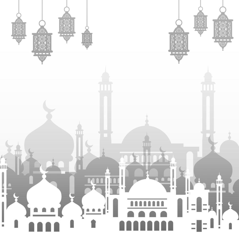 ramadan kareem achtergrond met moskee silhouet en hangende lantaarns. islamitisch vakantiebannerontwerp vector