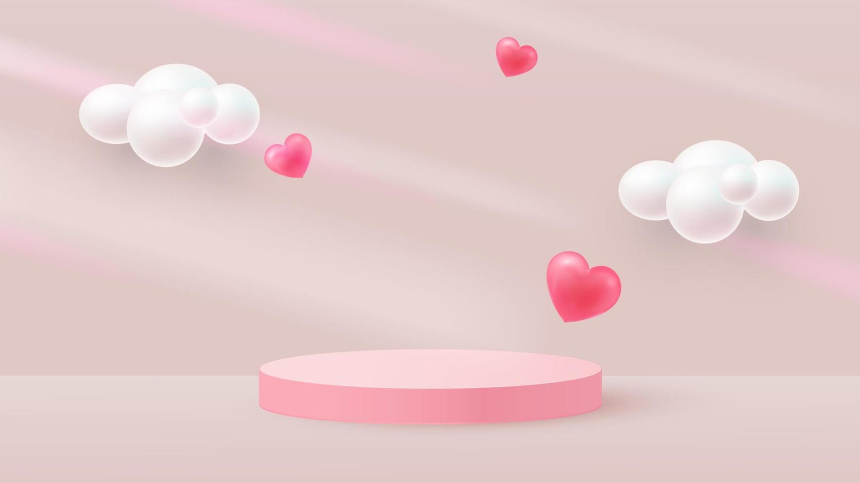 minimalistische scène met roze cilindrisch podium en vliegende harten. vallende schaduwen. scène voor de demonstratie van een cosmetisch product, showcase. vector illustratie