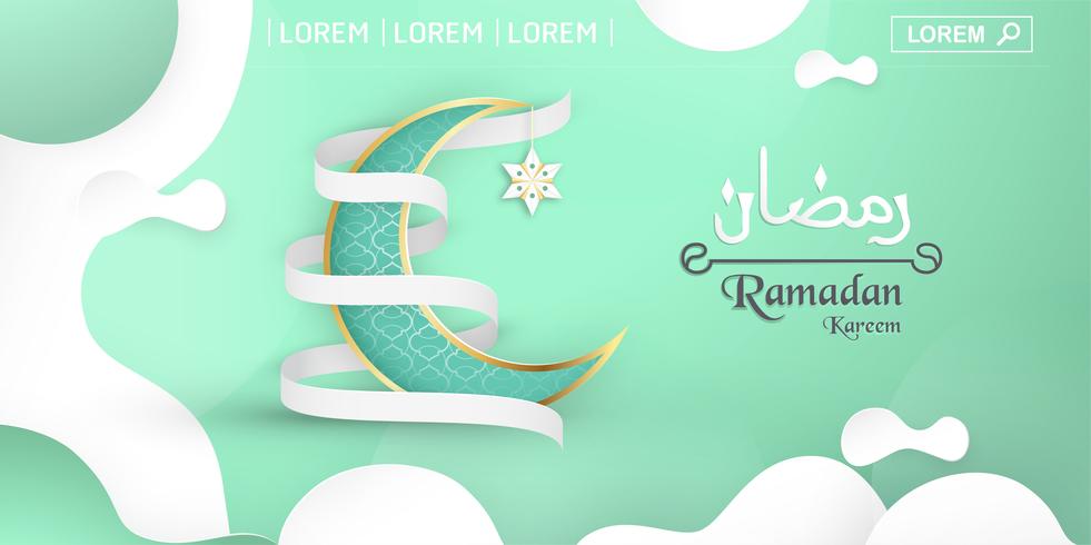 Sjabloon voor Ramadan Kareem met groene en gouden kleur. 3D Vectorillustratieontwerp in document en ambacht voor Islamitische groetkaart, uitnodiging, boekdekking, brochure, Webbanner, reclame die wordt gesneden. vector