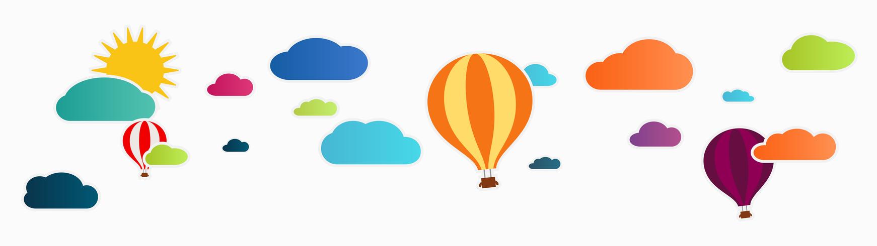 zon en wolken met hete luchtballon vector