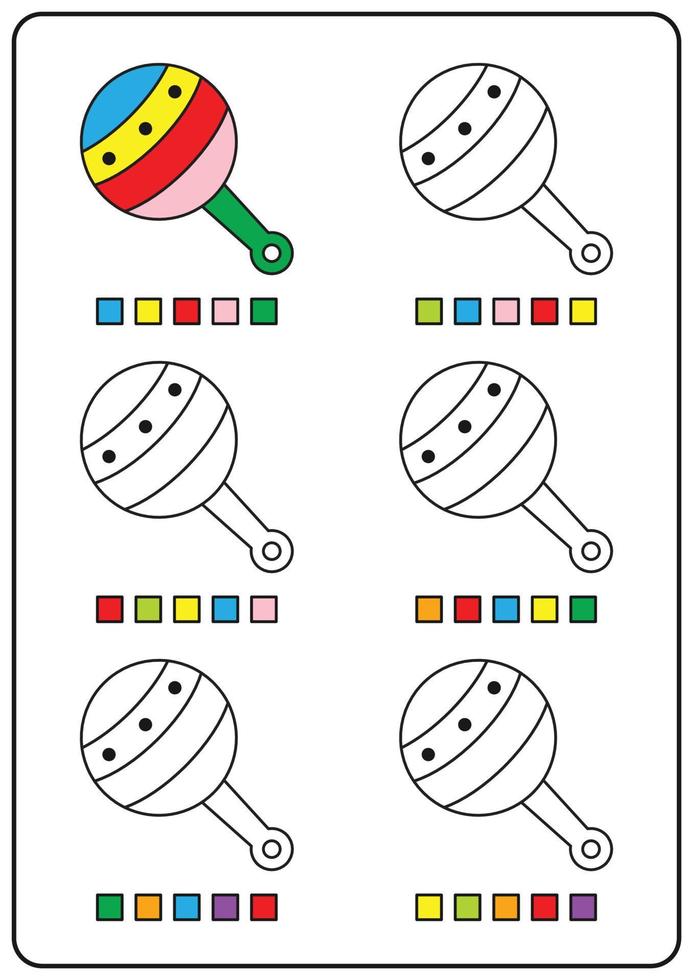 educatieve kleurpagina's, educatieve spelletjes voor kinderen, voorschoolse activiteiten, afdrukbare werkbladen. eenvoudige cartoon vectorillustratie van kleurrijke objecten om kleuren te leren. baby rammelaar kleuren vector