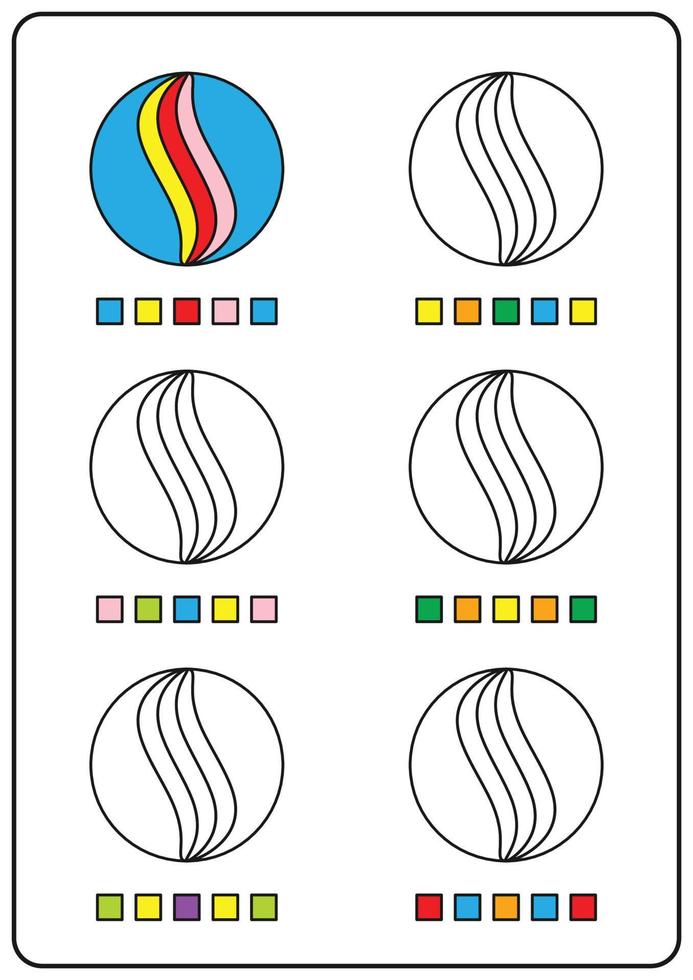 kleurplaten, educatieve spelletjes voor kinderen, voorschoolse activiteiten, afdrukbare werkbladen. eenvoudige cartoon vectorillustratie van kleurrijke objecten om kleuren te leren. knikkers kleuren. vector