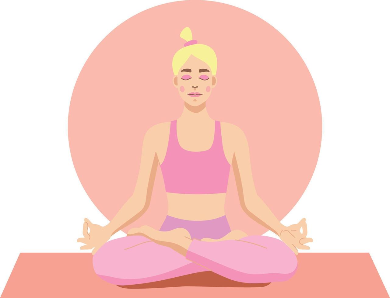 moderne vrouw met donker haar zittend in haar kamer, yoga beoefenen en genieten van meditatie. concept voor yoga, meditatie, ontspannen, recreatie, gezonde levensstijl, thuis blijven. vector illustratie