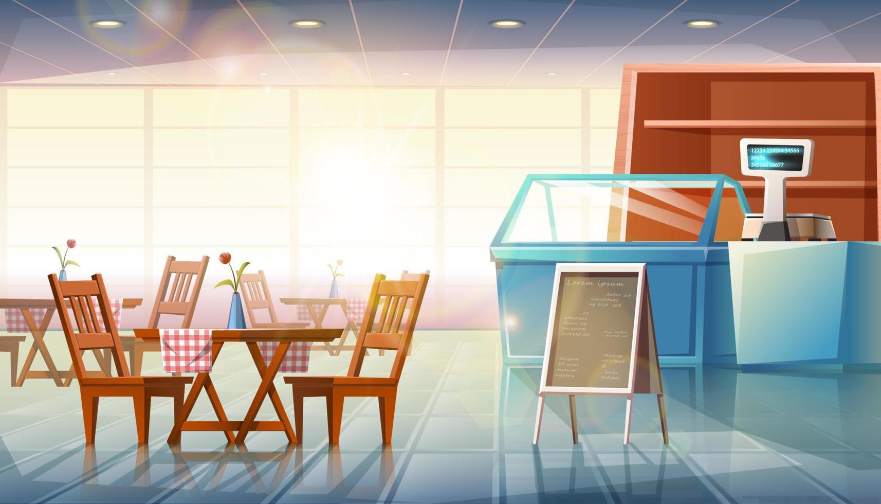 vector cartoon stijl platte illustratie van restaurant interieur met vitrines, kassier en eettafels met menustandaard.