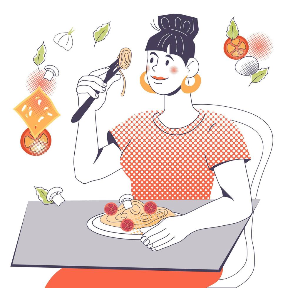 vrouw stripfiguur eten pasta, vectorillustratie geïsoleerd op een witte achtergrond. jong meisje dineren met spaghetti. italiaans eten en keuken concept. vector