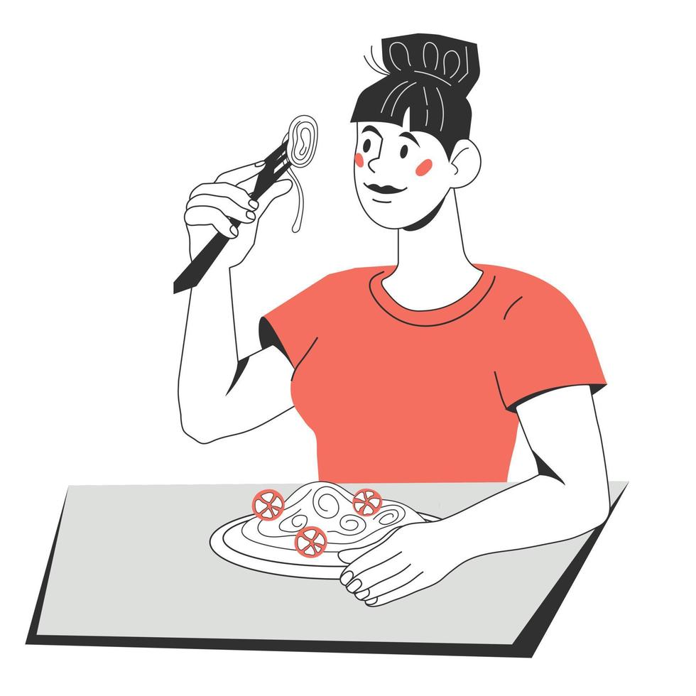 jonge vrouw aan de tafel zitten en eten van pasta, cartoon karakter vectorillustratie geïsoleerd op een witte achtergrond. Italiaans eten restaurant of café klant. vector