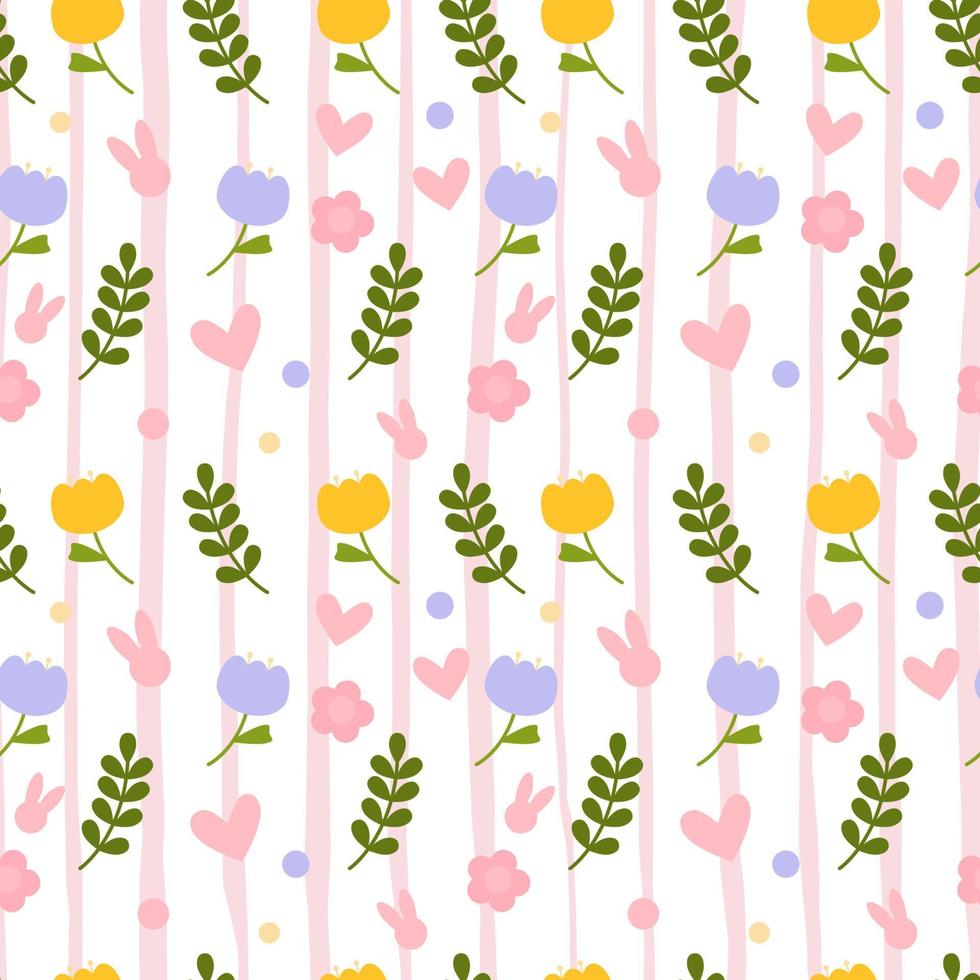 vector naadloos patroon. achtergrond met veel konijnen, eieren, bloemen, bladeren verspreid. feestelijke paasdag oppervlaktepatroon ontwerp. lente seizoen. voor afdrukken op stof en papier, kaarten, sociale media