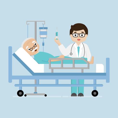 Het bezoekpatiënt oudere mens die van de arts in een medisch bed ligt. vector