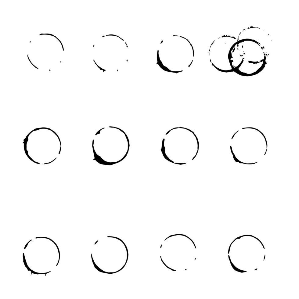 grunge vector cirkels geïsoleerd op een witte achtergrond. ronde zwarte inkt vormen silhouet.