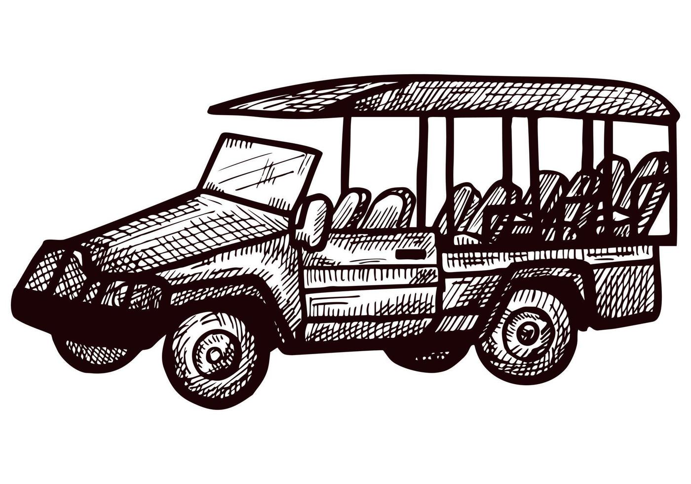 safari bus schets geïsoleerd. vintage avontuur off-road auto in de hand getekende stijl. vector