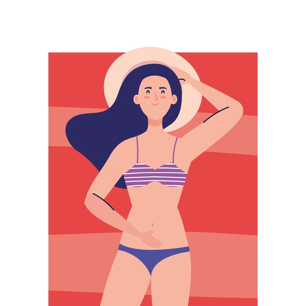 luchtfoto bekijken, vrouw met zwempak liggend, bruinen op handdoek, zomerseizoen vector