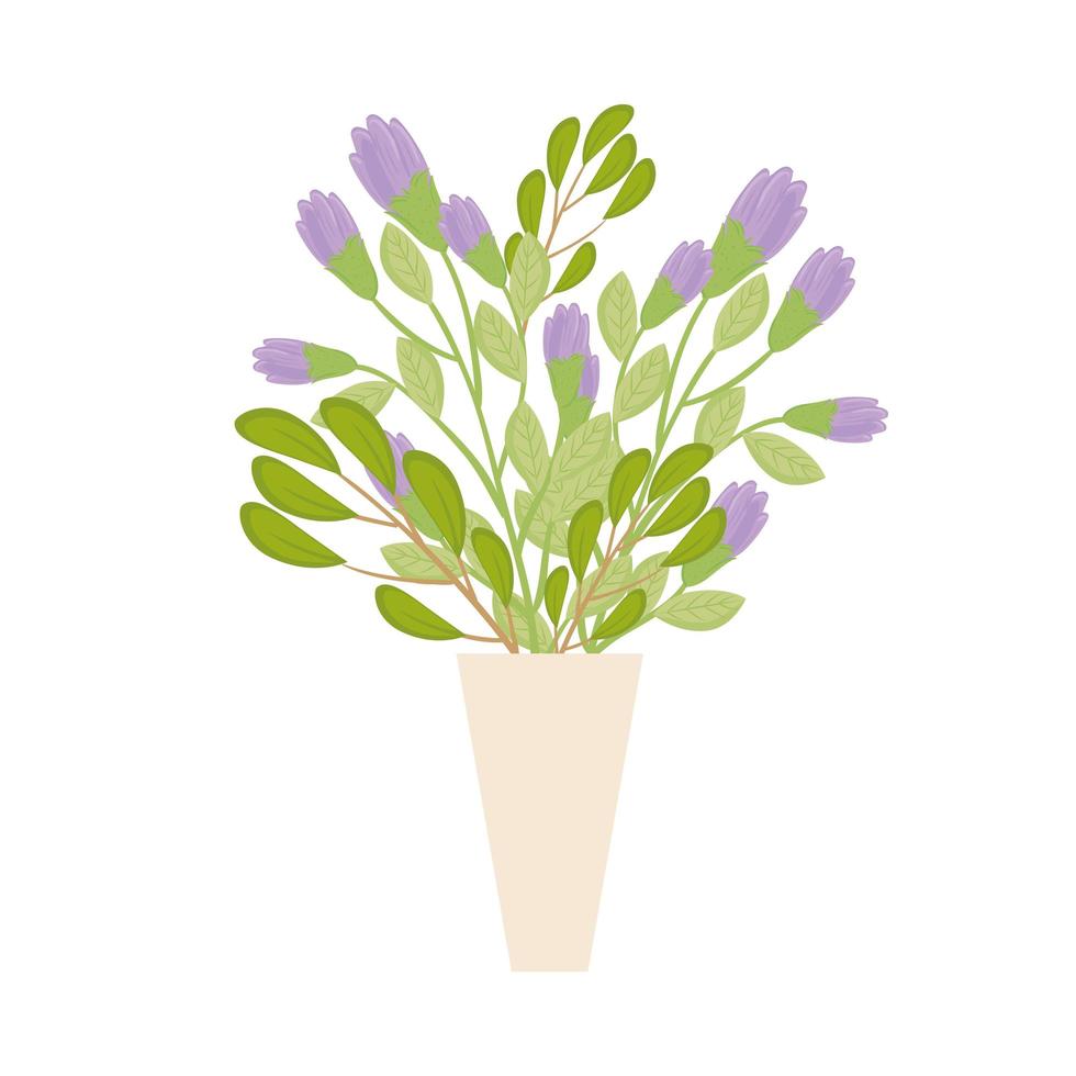 paarse bloemen met bladeren in vaas vectorontwerp vector