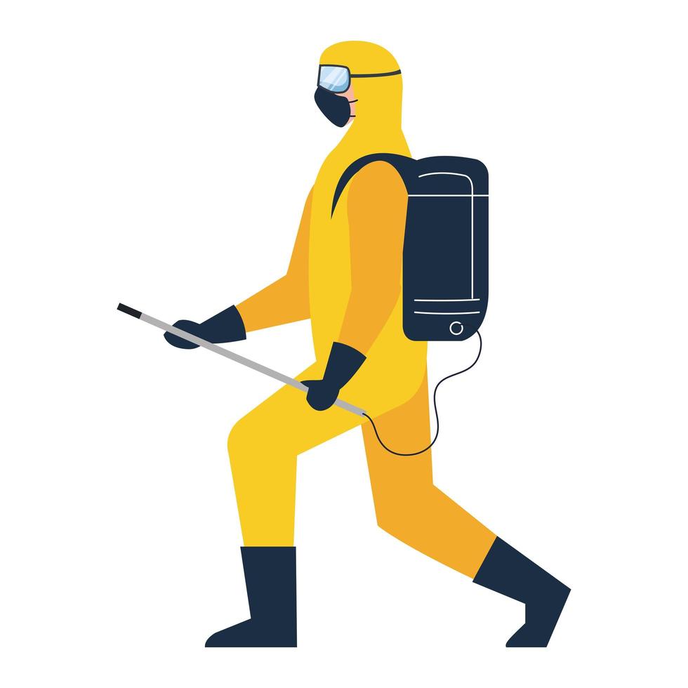 persoon in beschermend pak of kleding gele kleur, spray voor het reinigen en desinfecteren van virus, covid 19-ziekte op witte achtergrond vector