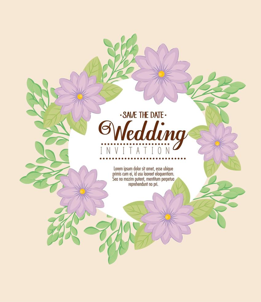huwelijksuitnodiging met paarse bloemen en bladeren vector design