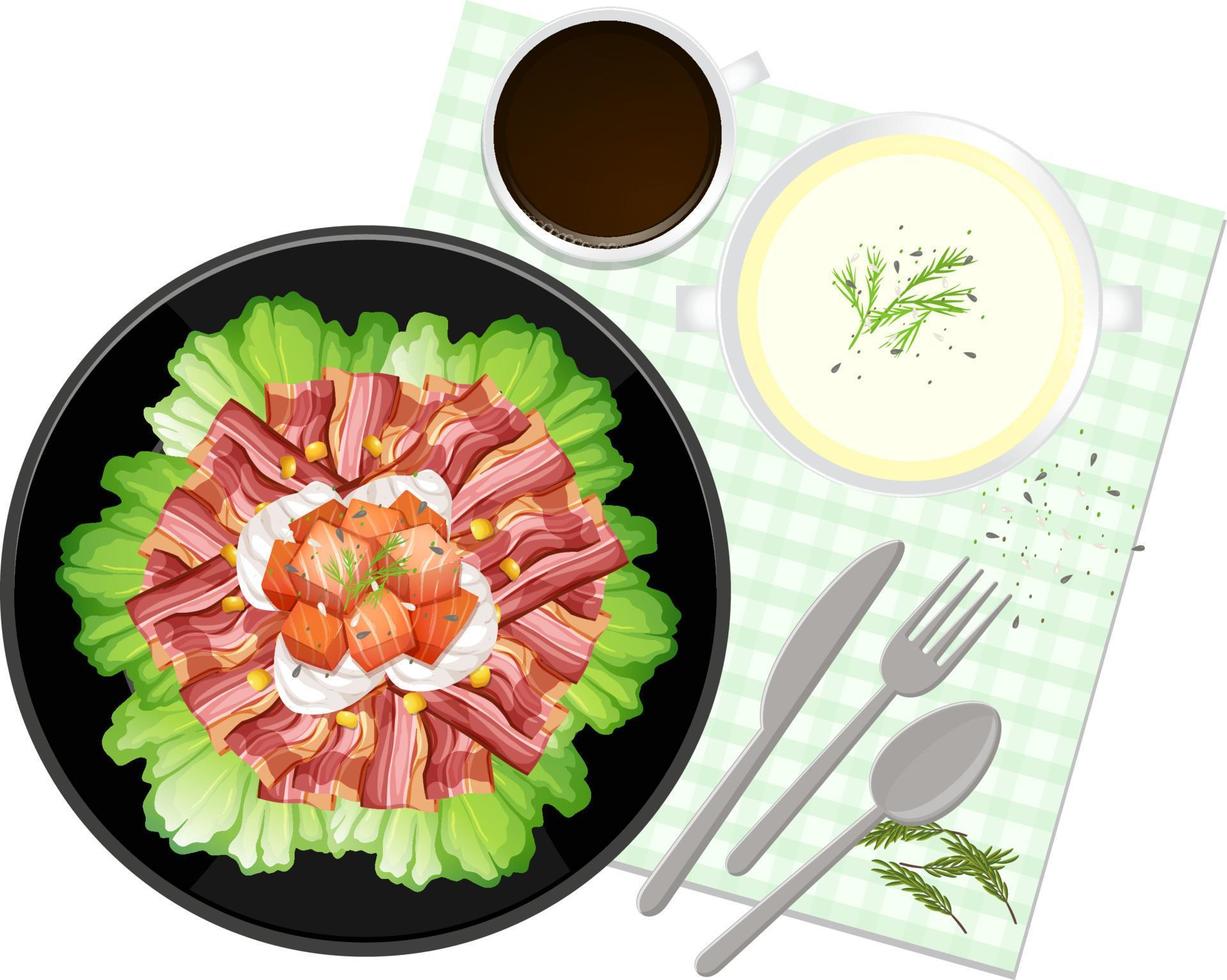 bovenaanzicht gezonde salade en placemat op witte achtergrond vector