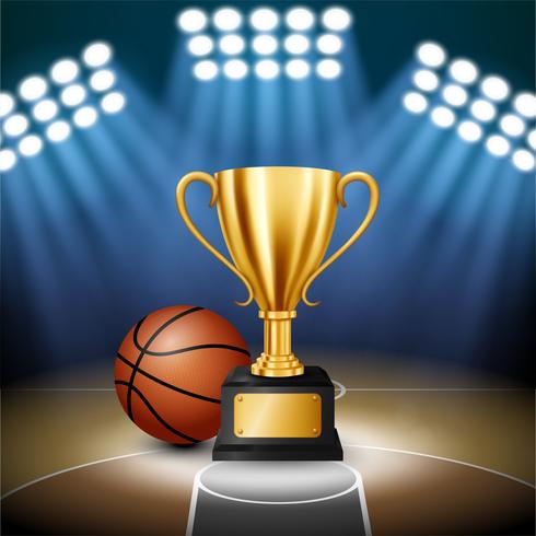 Basketbalkampioenschap met Gouden Trofee en basketbal met verlichte schijnwerper, Vectorillustratie vector