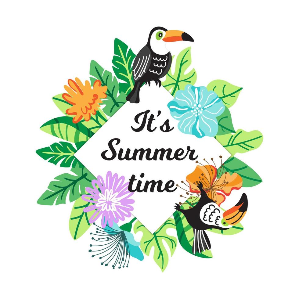 het is zomer. typografische achtergrondlay-out met tropische zomerbloemen, vogels, bladeren. perfect voor web, kaart, poster, omslag, uitnodiging, flyer. vector