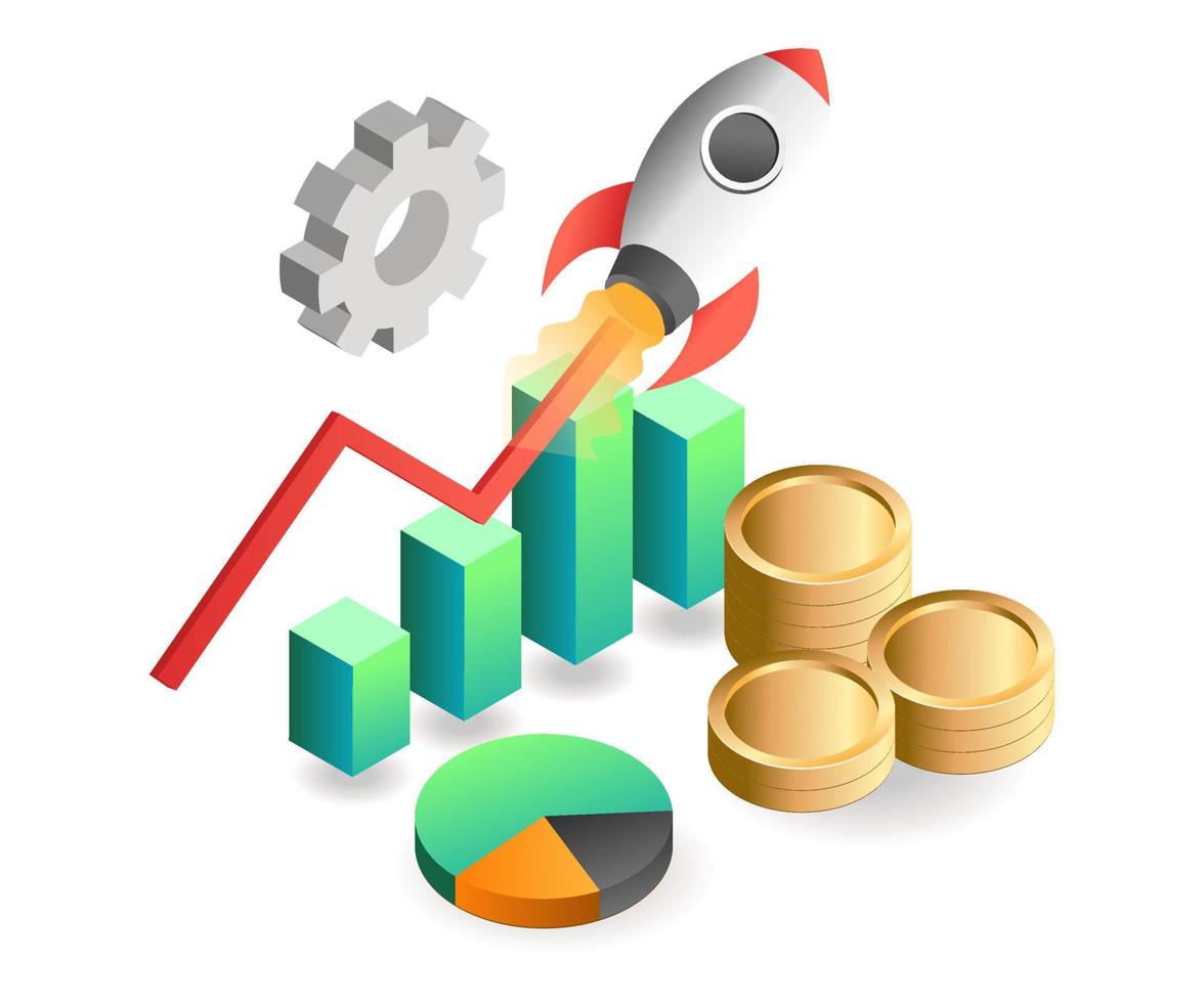 platte isometrische concept illustratie. raketlanceringsanalyse met geld vector