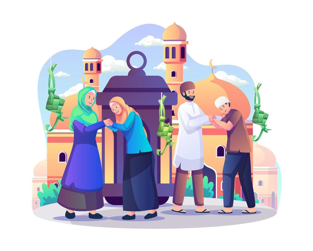 moslim mensen vieren eid al-fitr. de familie begroet elkaar en de traditie verontschuldigt zich tijdens eid mubarak. vlakke stijl vectorillustratie vector