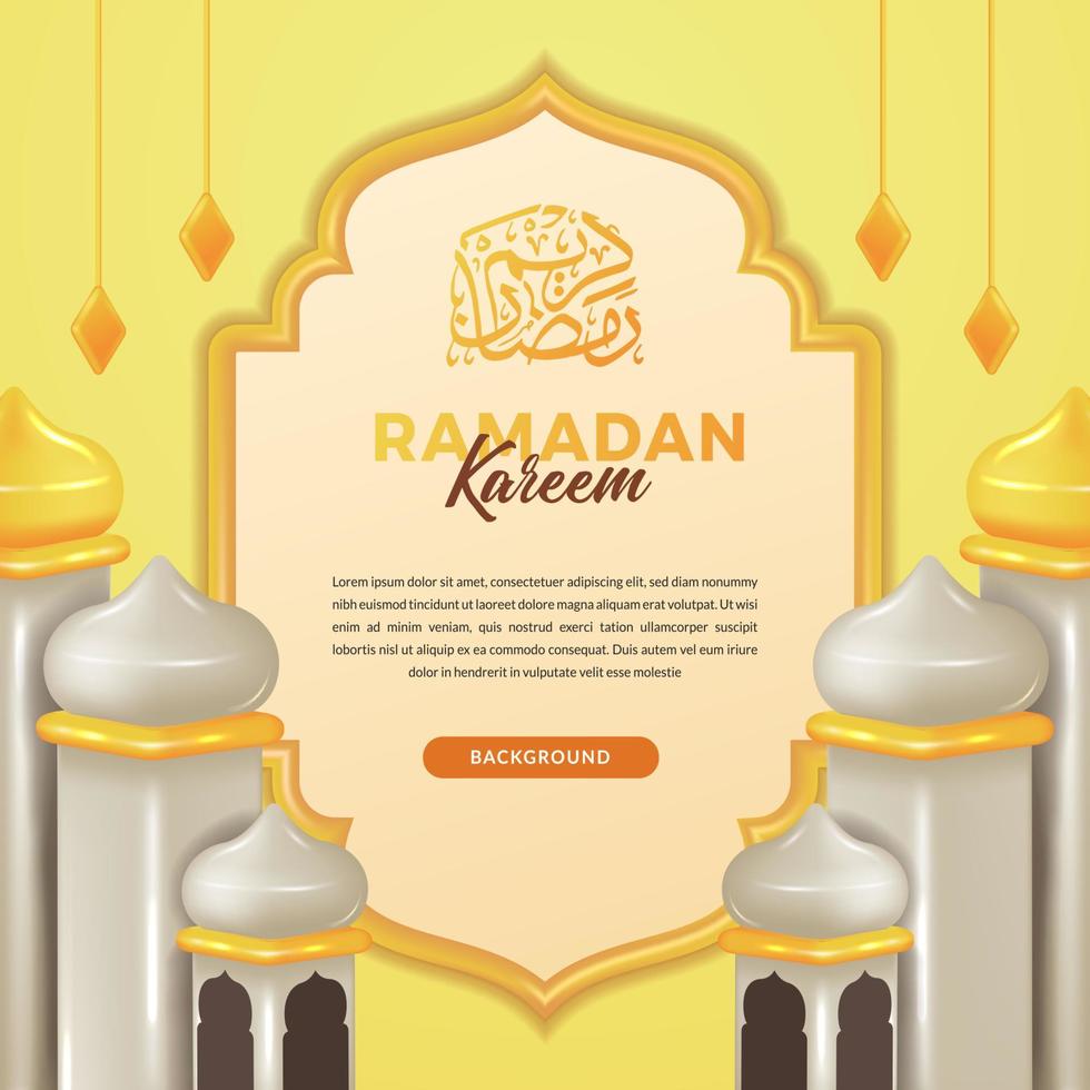 sociale media sjabloon voor ramadan kareem met 3d schattig moskee koepel toren illustratie concept met arabische illustratie vector