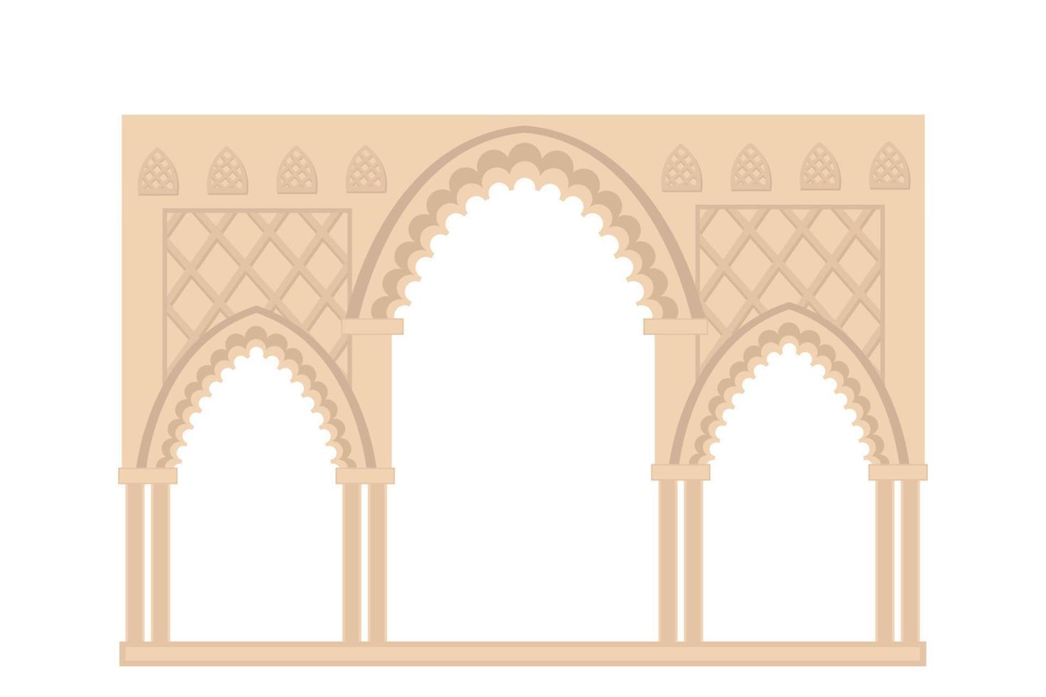 Gewelfde ingang van het Indiase paleis, vlakke afbeelding in beige en bruine tinten, geïsoleerd op een witte achtergrond vector