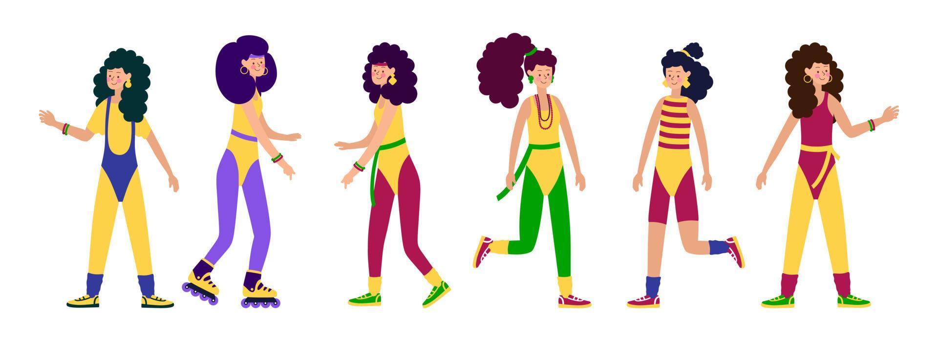 gelukkige jonge personages meisjes in modieuze kleding leggings en zwemkleding en kapsels van de jaren 80-90 stijlvol retro vrouwenfeest. vectorillustratie van cartoon mensen vector